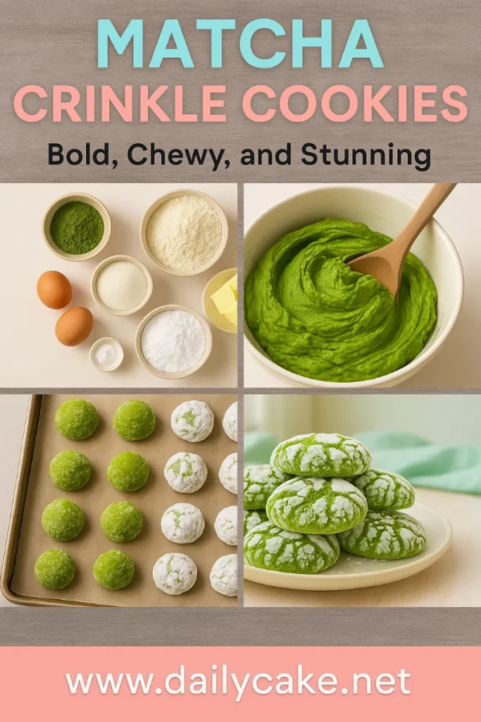 Matcha Crinkle Cookies – Soft, Chewy & Beautifully Green 13 pinterest pin graphic showing matcha crinkle cookie steps and title