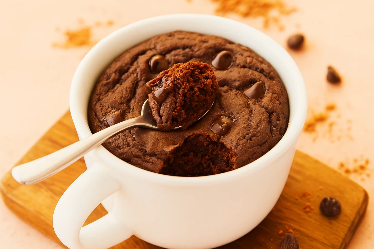 Chocolate mug cake protein recipe in ceramic mug