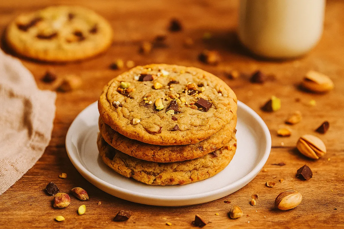 Pistachio Chocolate Chip Cookies: Deliciously Soft & Buttery 5 pistachio chocolate chip cookies on wooden table
