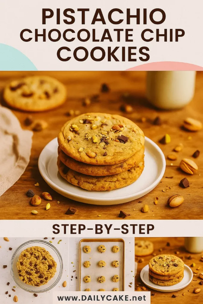 Pistachio Chocolate Chip Cookies: Deliciously Soft & Buttery 9 tall pinterest graphic showing step-by-step pistachio chocolate chip cookies recipe