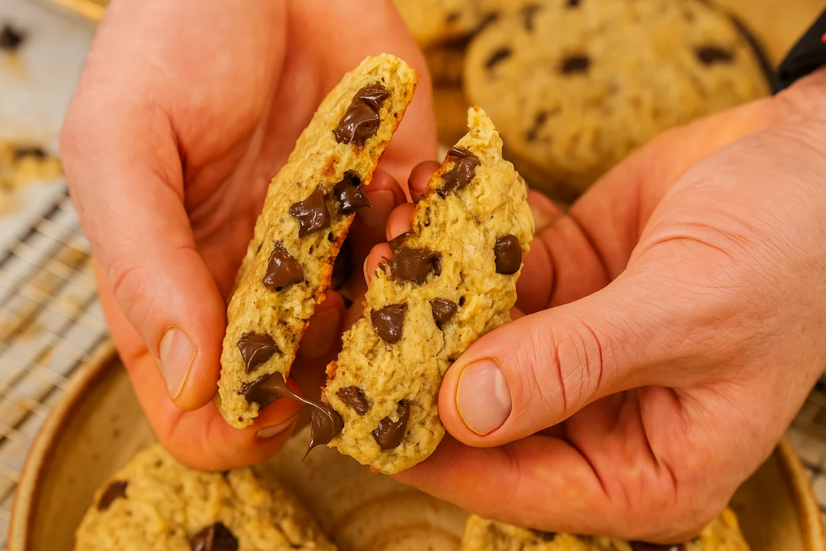 Stack of homemade protein oatmeal cookies on a rustic plate