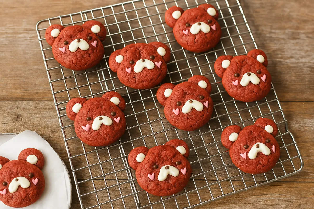 red velvet bear cookies on cooling rack