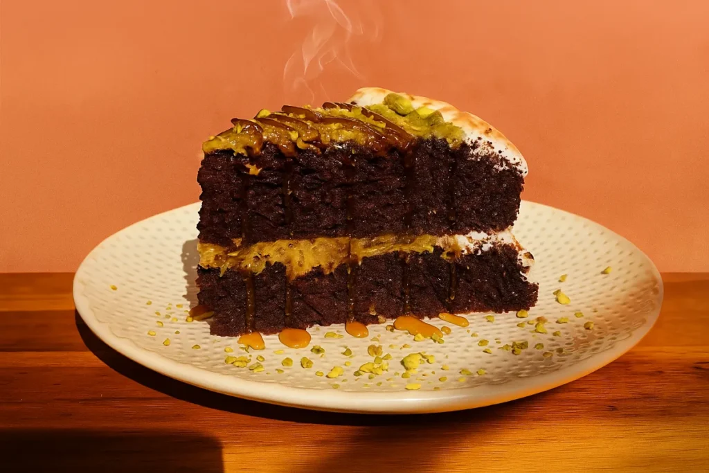 Chocolate Pistachio Kataifi Cake – A Crunchy, Sweet, and Nutty Delight 12 final chocolate pistachio kataifi cake slice ready to serve