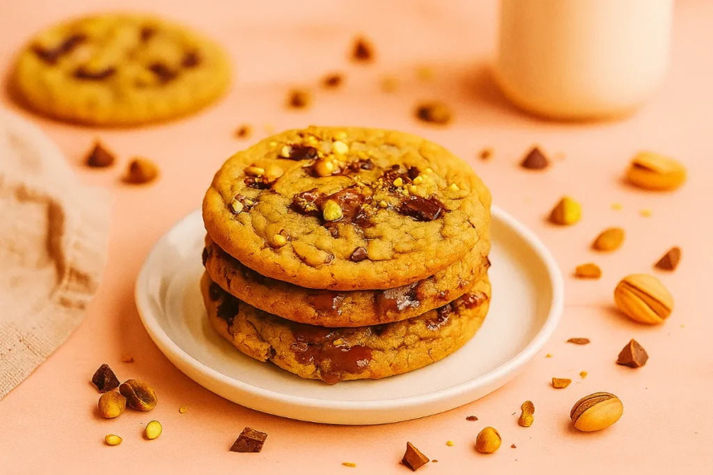 Pistachio Chocolate Chip Cookies: Deliciously Soft & Buttery 7 stacked pistachio chocolate chip cookies with melting chocolate