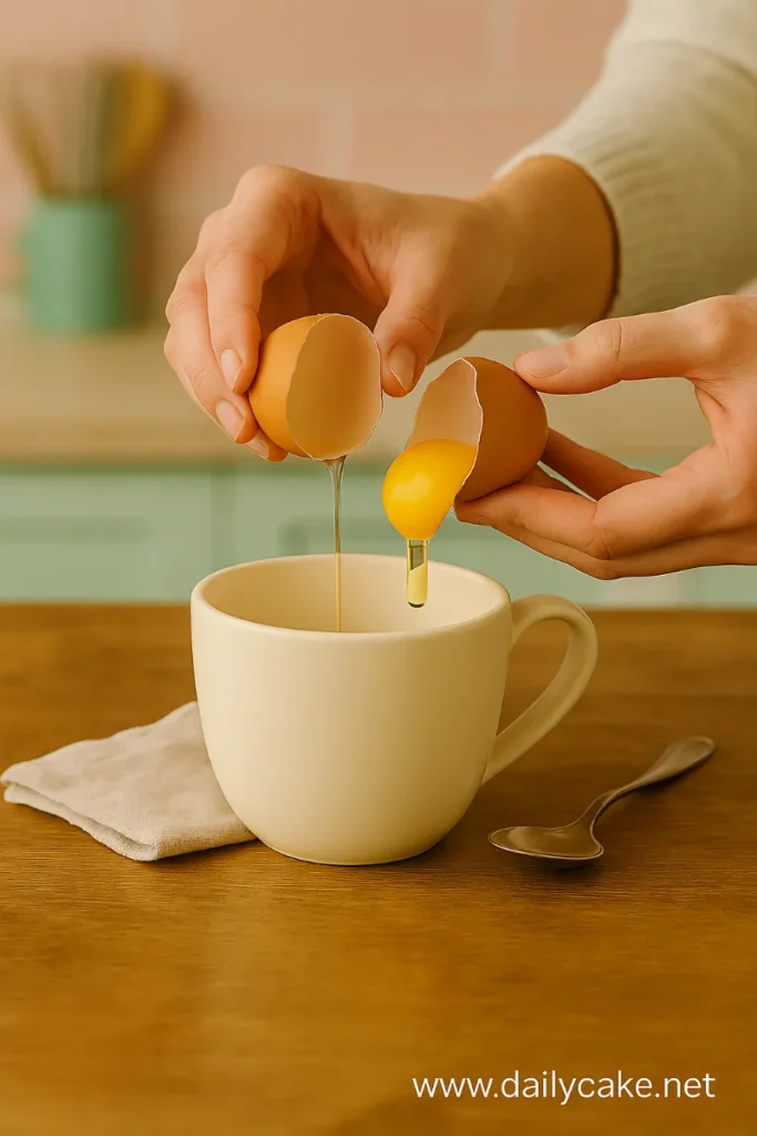 The Best 3 Ingredient Mug Cake Recipe (No Oven Needed) 10 Cracking egg into mug for 3 ingredient mug cake