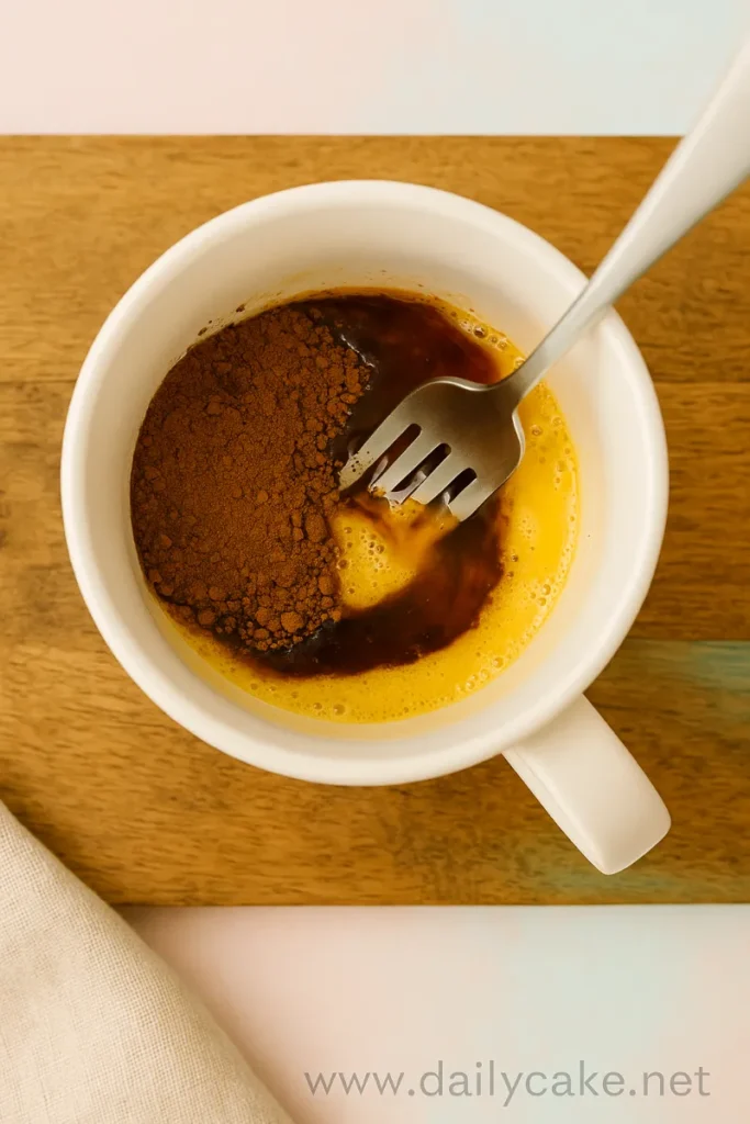 The Best 3 Ingredient Mug Cake Recipe (No Oven Needed) 11 Mixing cocoa powder and maple syrup into mug cake batter