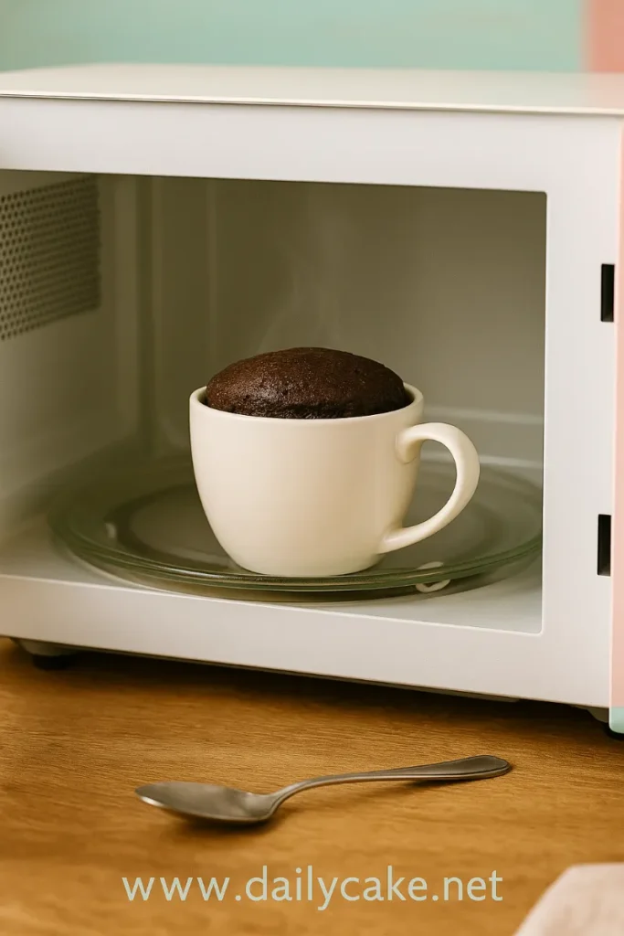 The Best 3 Ingredient Mug Cake Recipe (No Oven Needed) 12 Microwaving mug cake in ceramic mug