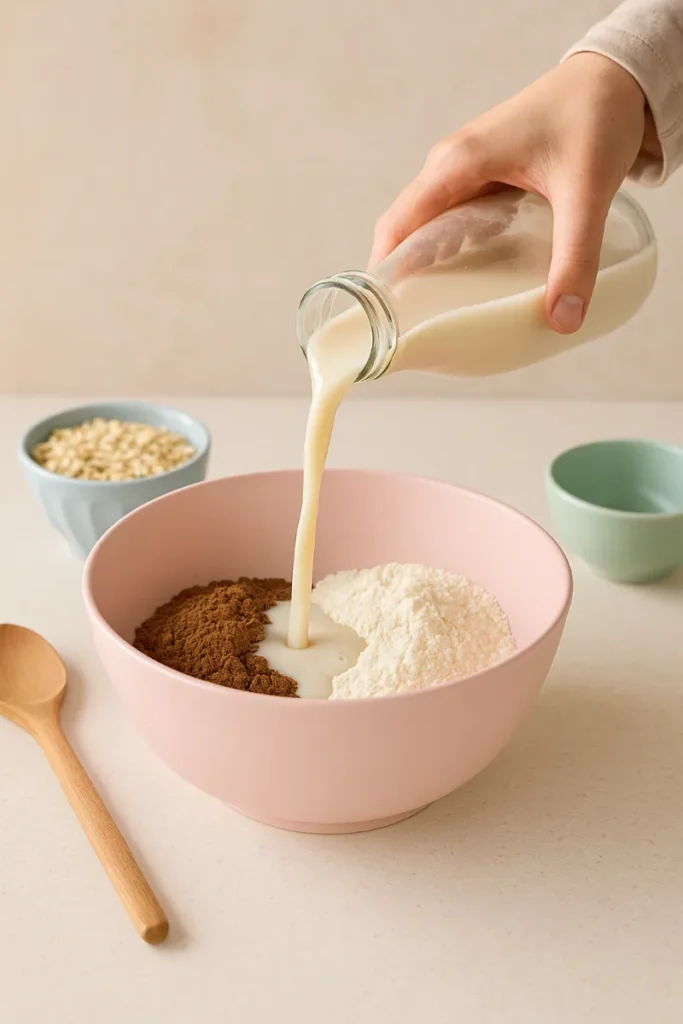 The Ultimate Guide to Vegan and Gluten-Free Chocolate Cake 3 pouring plant-based milk into mixing bowl for baking