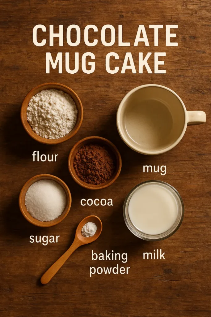 Chocolate Mug Cake – Quick, Delicious, and Comforting Dessert in Minutes 7 chocolate mug cake ingredients on wooden table