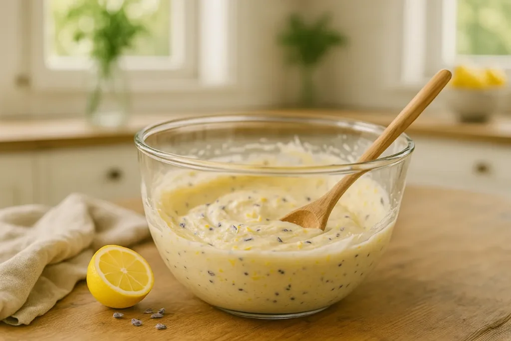 Citrus-Lavender Vegan Cake: A Fragrant, Plant-Based Delight 9 Mixing citrus-lavender vegan cake batter with lemon zest and lavender