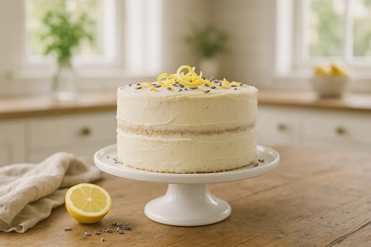 Citrus-Lavender Vegan Cake: A Fragrant, Plant-Based Delight 6 Citrus-lavender vegan cake with lemon curd and lavender frosting on cake stand