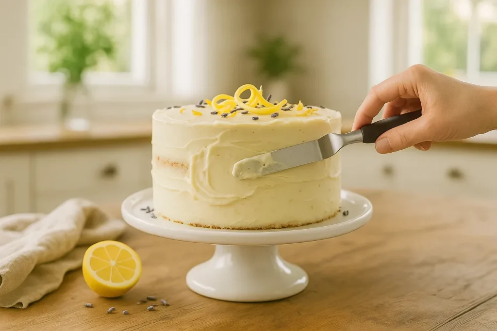 Citrus-Lavender Vegan Cake: A Fragrant, Plant-Based Delight 10 Frosting a citrus-lavender vegan cake with lavender buttercream