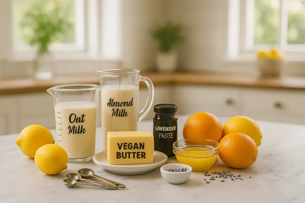 Citrus-Lavender Vegan Cake: A Fragrant, Plant-Based Delight 8 Baking ingredients for citrus-lavender vegan cake arranged on marble counter