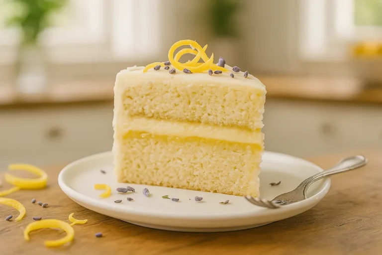 Citrus-Lavender Vegan Cake: A Fragrant, Plant-Based Delight 7 Slice of citrus-lavender vegan cake with lemon curd filling on dessert plate