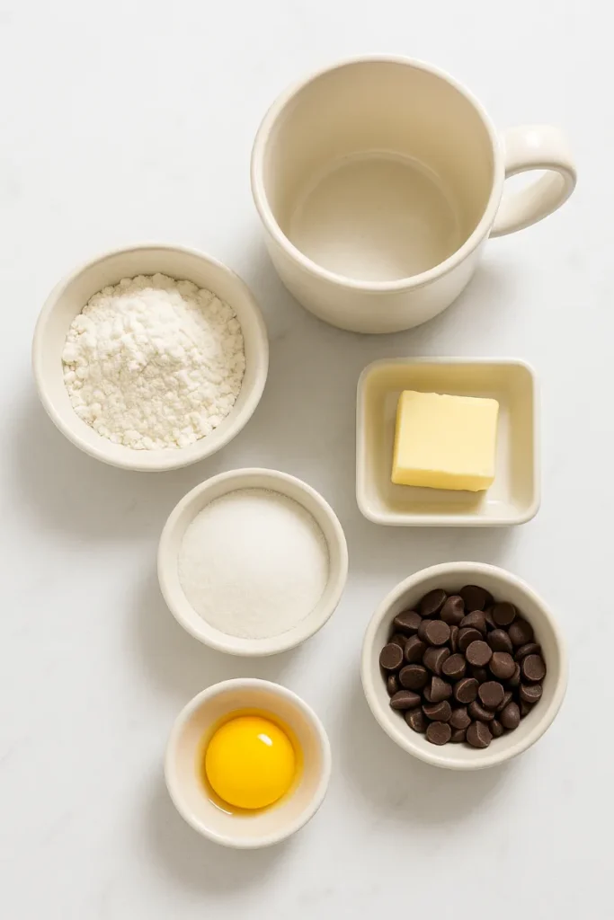 Cookie Mug Cake – Soft, Gooey, and Ready in Minutes 7 cookie mug cake ingredients on white counter