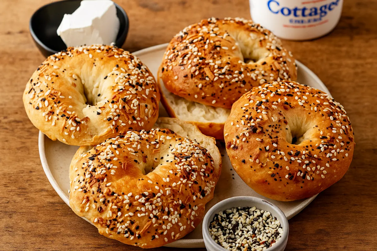 Freshly baked cottage cheese bagels on breakfast table.