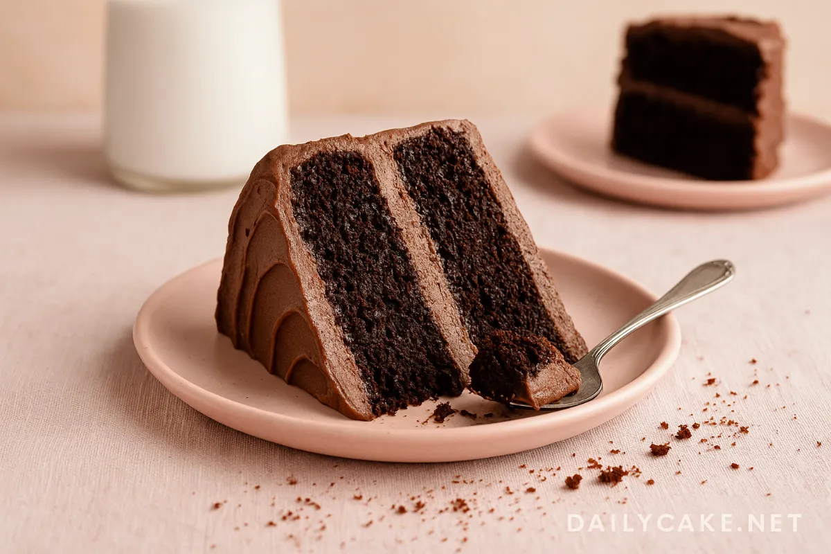 gluten-free vegan chocolate cake slice on pastel plate