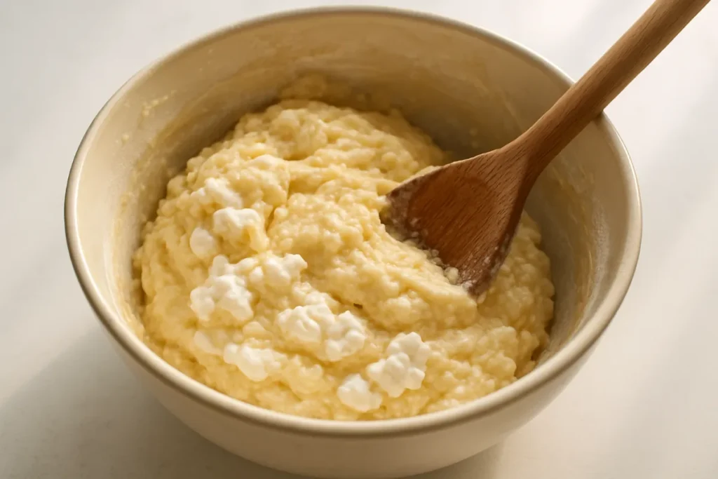 Cottage Cheese Bagels – High Protein & Easy to Make 9 Mixing cottage cheese bagel dough in a bowl.