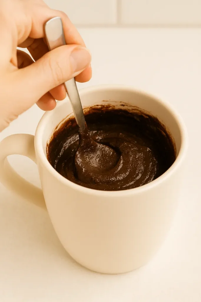Vegan Mug Cake – Easy, Gooey, and Dairy-Free Dessert in Minutes 8 mixing vegan mug cake batter in mug