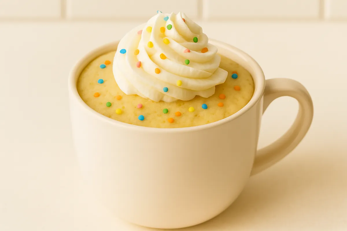 vanilla mug cake in ceramic mug