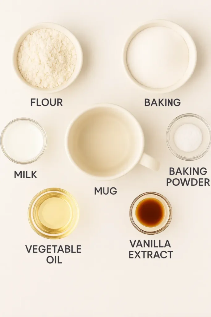 Vanilla Mug Cake – 5-Minute Irresistible & Fluffy Treat 6 vanilla mug cake ingredients on white counter