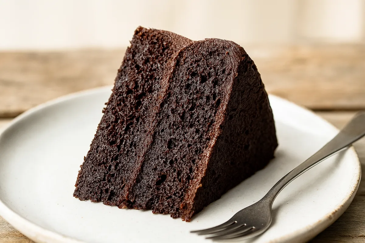 Vegan chocolate cake slice on rustic plate