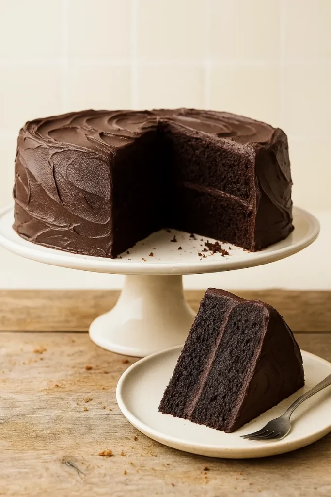 The Ultimate Guide to Vegan and Gluten-Free Chocolate Cake 5 vegan chocolate cake on cake stand with slice served