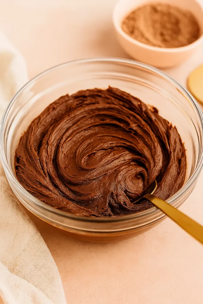 The Ultimate Guide to Vegan and Gluten-Free Chocolate Cake 4 spoon swirling vegan chocolate frosting in ceramic bowl
