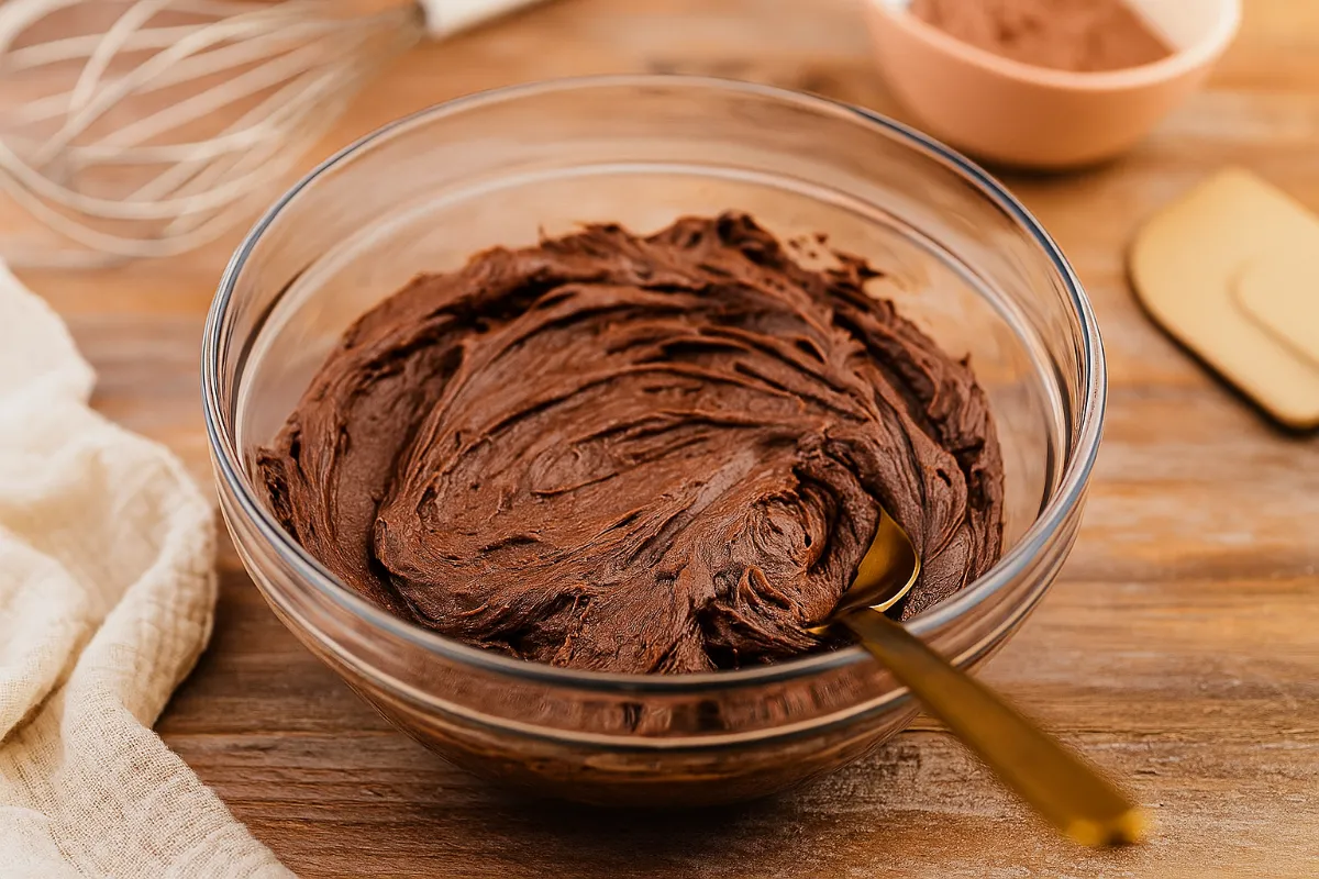 Vegan chocolate frosting recipe in a swirl-ready bowl