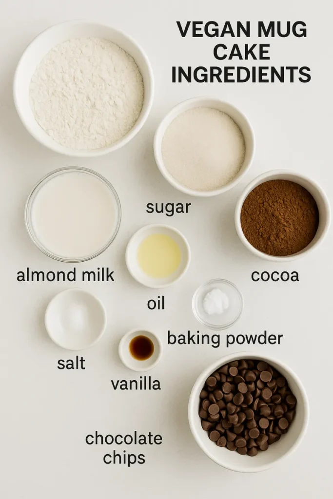 Vegan Mug Cake – Easy, Gooey, and Dairy-Free Dessert in Minutes 7 vegan mug cake ingredients on white countertop