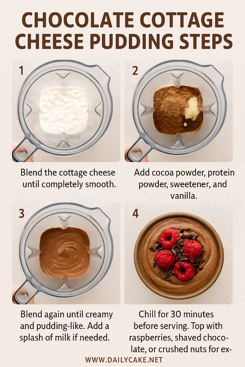 Chocolate-Cottage-Cheese-Pudding-Steps Four-step process showing how to make chocolate cottage cheese pudding: blend cottage cheese, add cocoa and protein powder, blend until smooth, and chill before topping with raspberries and chocolate shavings.