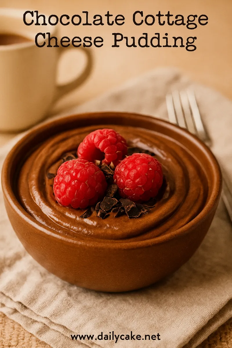Chocolate-Cottage-Cheese-Pudding Bowl of chocolate cottage cheese pudding topped with raspberries and chocolate shavings on a beige cloth napkin.