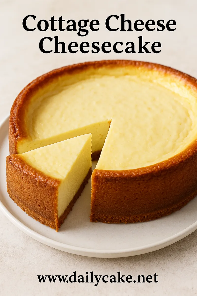 Cottage-Cheese-Cheesecake Whole cottage cheese cheesecake with one slice cut out on a white plate.