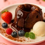 rich chocolate lava cake drizzled with melted chocolate, served with vanilla ice cream, fresh strawberries, blueberries, raspberries, and mint leaves on a white plate