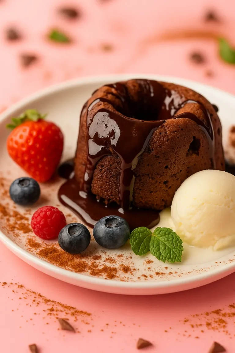 Lava Cake: The Ultimate Gooey Chocolate Dessert 9 rich chocolate lava cake drizzled with melted chocolate, served with vanilla ice cream, fresh strawberries, blueberries, raspberries, and mint leaves on a white plate