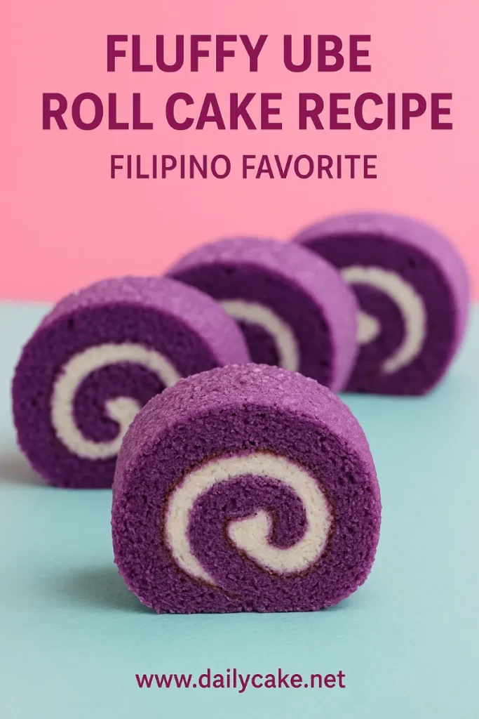 Ube Roll Cake Recipe: How to Make This Fluffy Filipino Favorite at Home 6 Close-up of sliced purple ube roll cake with a white cream swirl filling, placed on a pastel pink and turquoise background.