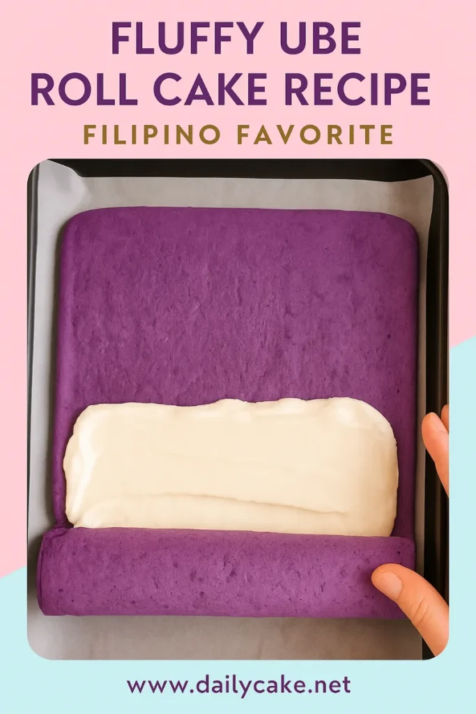 Ube Roll Cake Recipe: How to Make This Fluffy Filipino Favorite at Home 7 Step photo of making a fluffy ube roll cake, showing creamy white filling spread on top of a purple ube sponge before rolling.