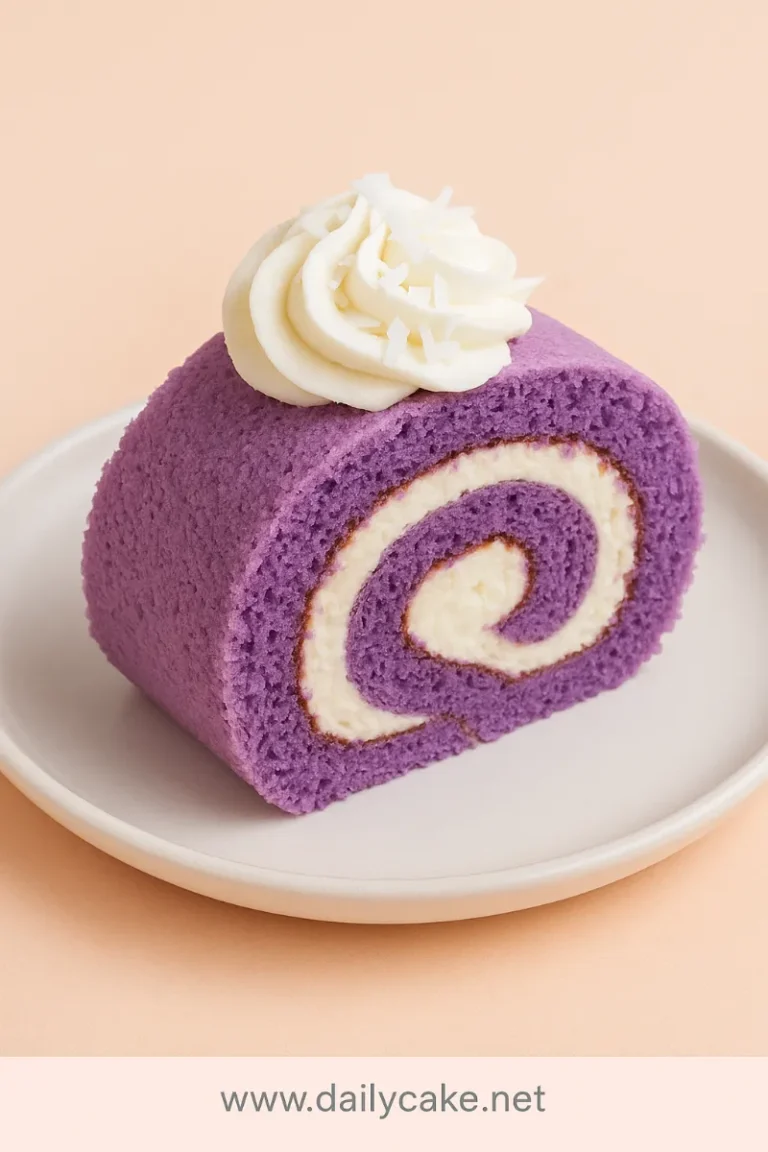 Ube Roll Cake Recipe: How to Make This Fluffy Filipino Favorite at Home 9 A slice of fluffy ube roll cake with a white cream swirl and piped cream topping, garnished with coconut flakes, served on a white plate.
