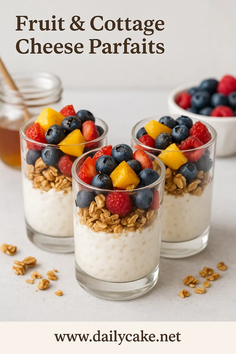 Fruit-&-Cottage-Cheese-Parfaits Three glass cups of fruit and cottage cheese parfaits layered with granola, blueberries, raspberries, strawberries, and mango chunks.