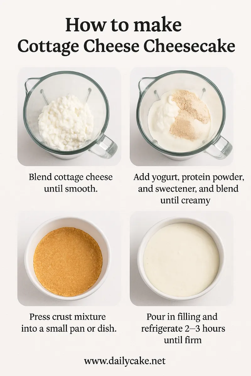How-to-Make-Cottage-Cheese-Cheesecake Infographic showing steps to make cottage cheese cheesecake: blend cottage cheese, add yogurt and protein powder, press crust into a dish, pour in filling, and refrigerate until firm.