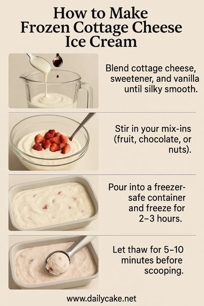 How-to-Make-Frozen-Cottage-Cheese-Ice-Cream Infographic showing how to make frozen cottage cheese ice cream: blend cottage cheese with sweetener and vanilla, stir in mix-ins, pour into a container and freeze, then thaw before scooping.