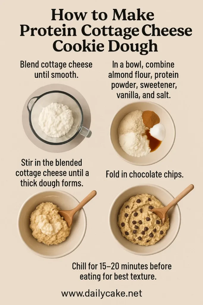 High-Protein Cottage Cheese Desserts – 5 Healthy, Easy Recipes 4 Infographic showing how to make protein cottage cheese cookie dough: blend cottage cheese, mix almond flour and protein powder with sweetener and vanilla, stir in cottage cheese, fold in chocolate chips, and chill before eating.
