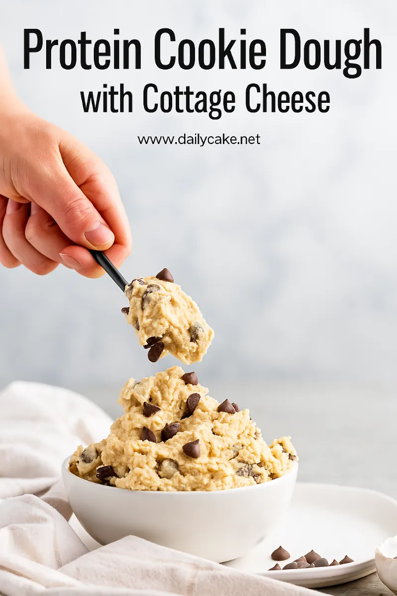Protein-Cookie-Dough-with-Cottage-Cheese Hand scooping protein cookie dough with chocolate chips from a white bowl, made with cottage cheese.