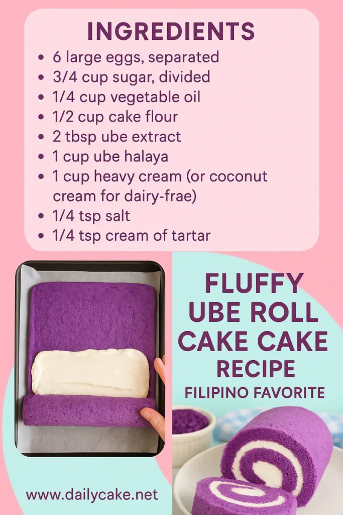 Ube Roll Cake Recipe: How to Make This Fluffy Filipino Favorite at Home 8 A vertical Pinterest pin showing ingredients for a fluffy ube roll cake, step photo of filling and rolling the cake, and the final swirl-patterned purple ube roll cake on a plate.
