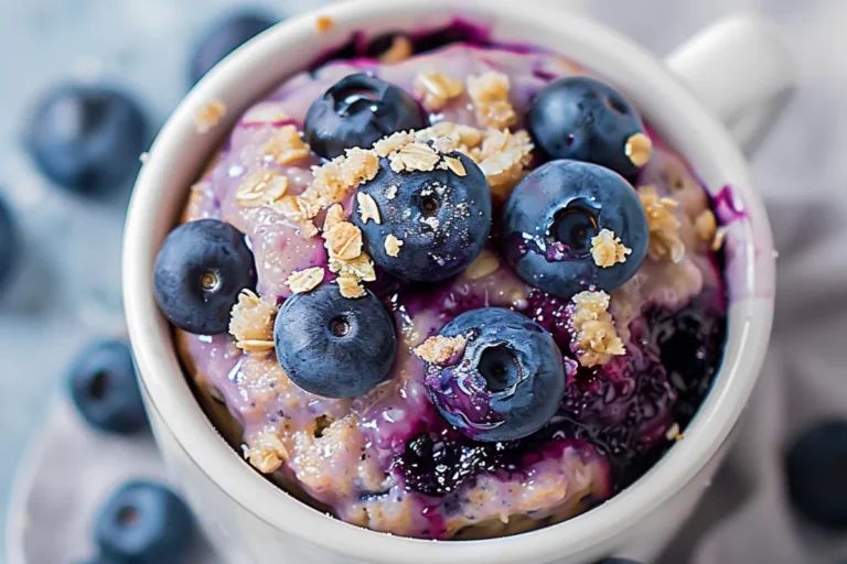 Blueberry Mug Muffin That Tastes Like It’s Fresh From the Bakery 9 Blueberry mug muffin topped with fresh blueberries and oats in a white mug
