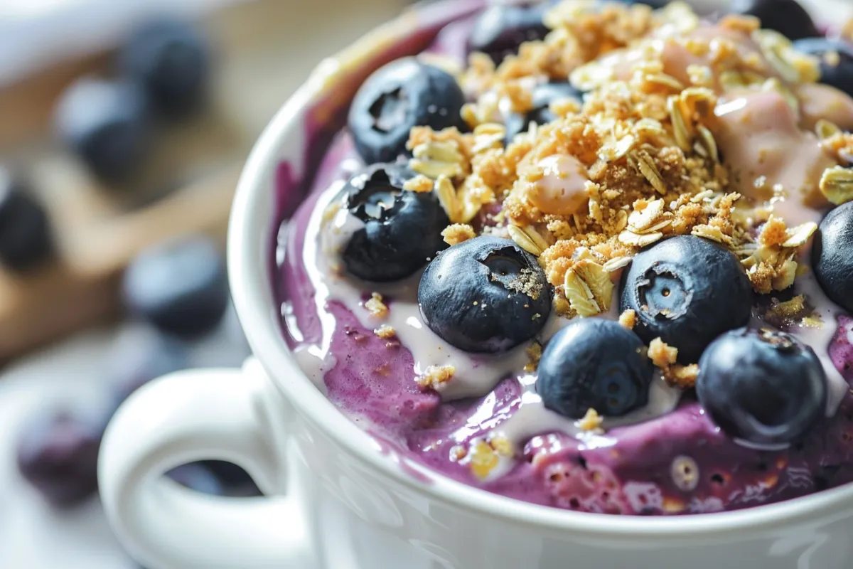Blueberry mug muffin in white mug