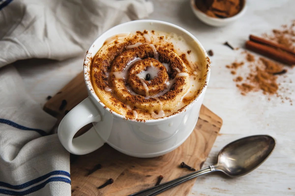 cinnamon roll mug cake with glaze in white mug