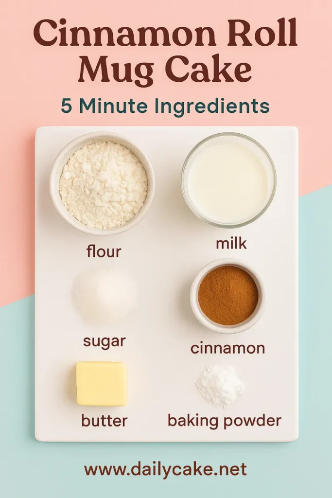 cinnamon roll mug cake ingredients flat lay