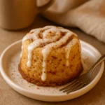 serving cinnamon roll mug cake on white plate