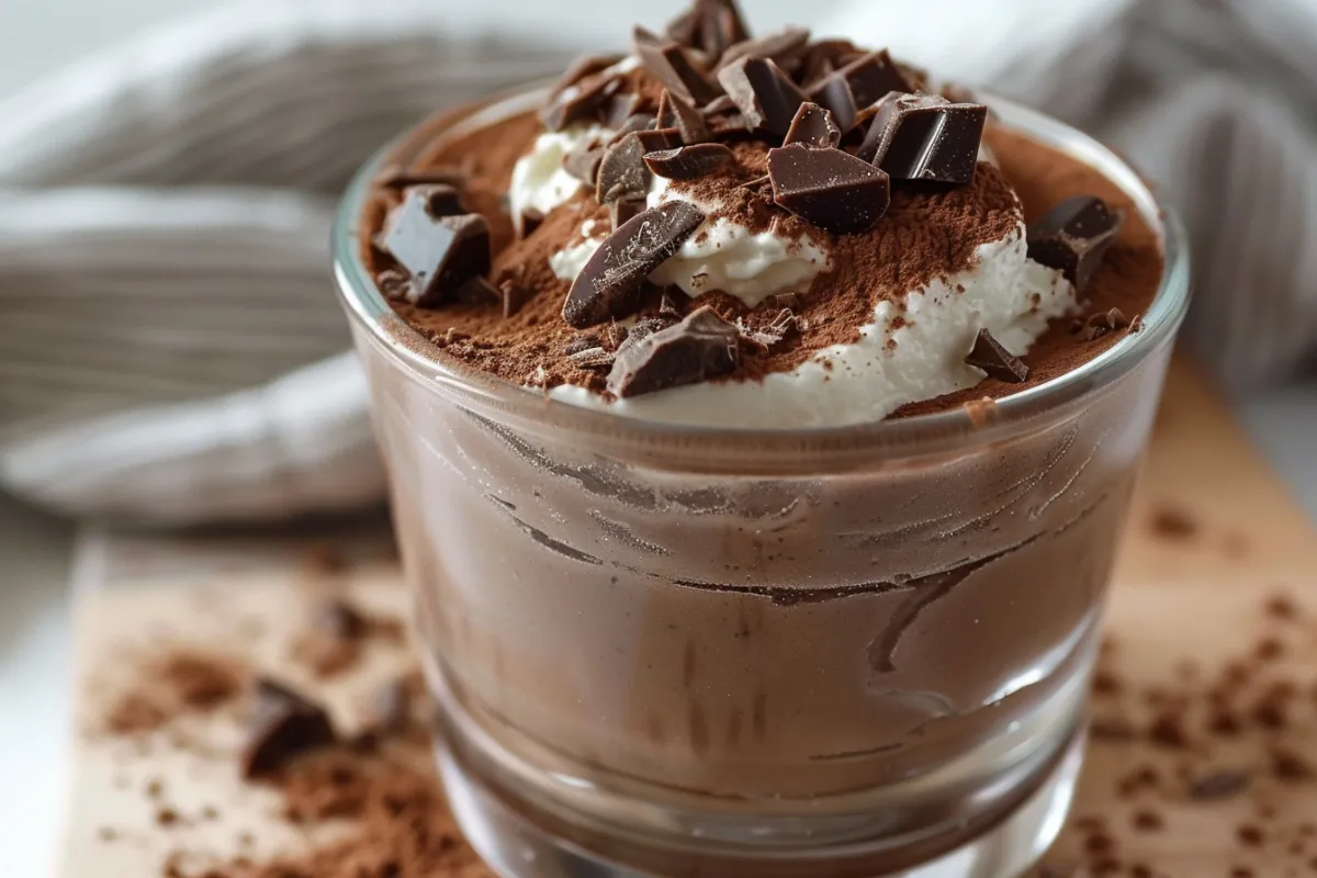 cottage cheese chocolate mousse dessert in a ramekin, rich and creamy with premium cocoa flavor